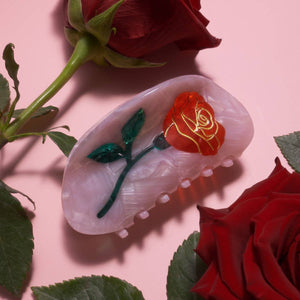 
                  
                    Load image into Gallery viewer, Women&amp;#39;s Belle Pink Single Red Rose Acetate Hair Claw
                  
                