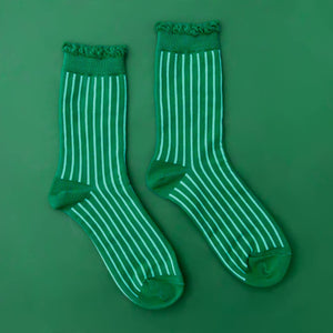 
                  
                    Load image into Gallery viewer, Sunshine Studios - Holiday Striped Crew Socks | Emerald
                  
                