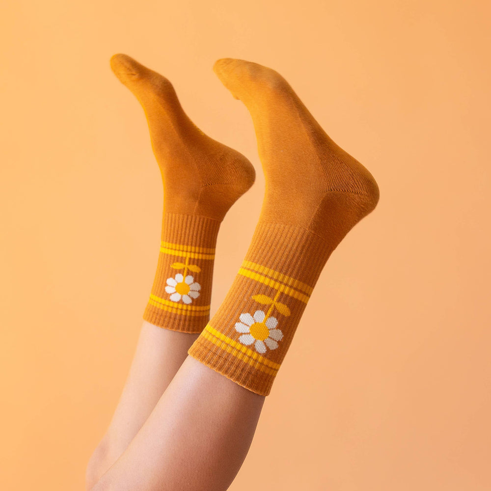 
                  
                    Load image into Gallery viewer, Sunshine Studios - Retro Flower Striped Ribbed Crew Socks
                  
                