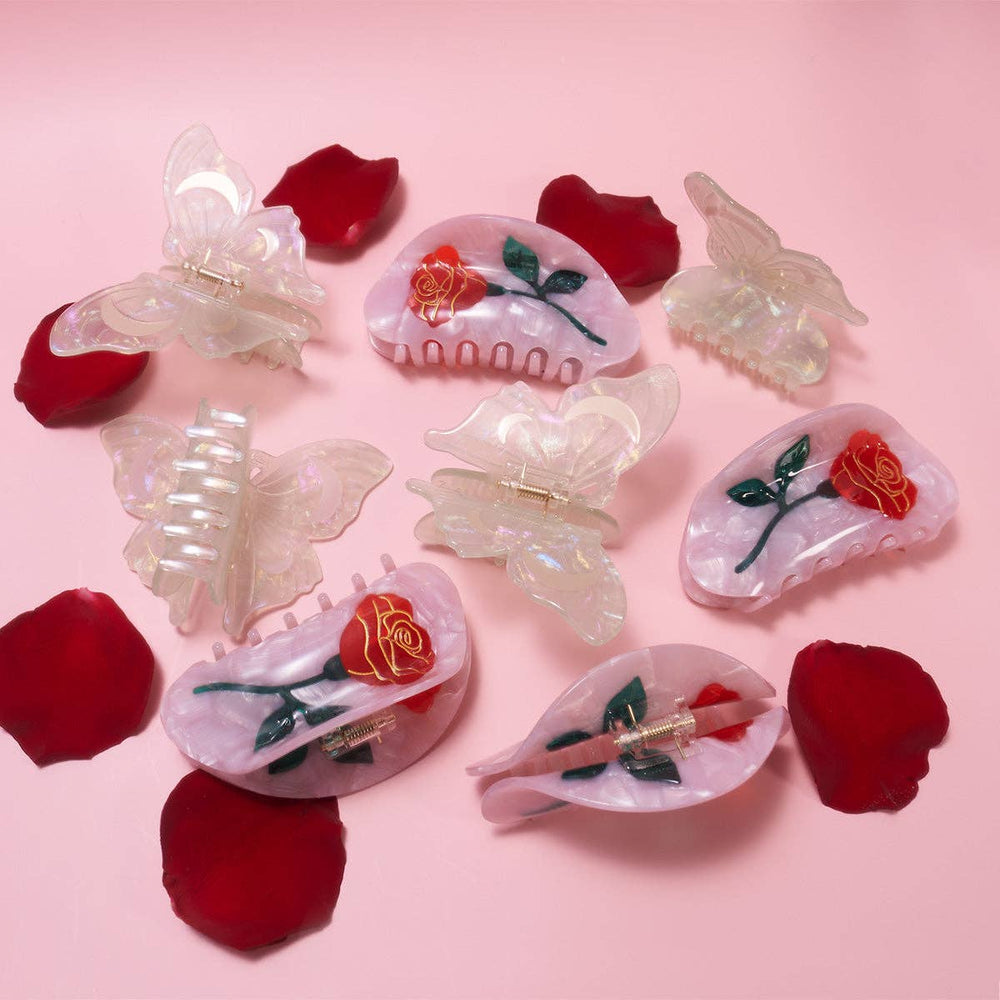 
                  
                    Load image into Gallery viewer, Women&amp;#39;s Belle Pink Single Red Rose Acetate Hair Claw
                  
                