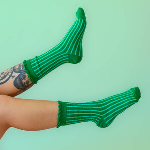 
                  
                    Load image into Gallery viewer, Sunshine Studios - Holiday Striped Crew Socks | Emerald
                  
                