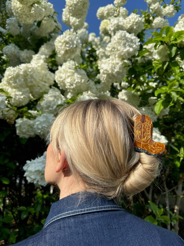 
                  
                    Load image into Gallery viewer, Solar Eclipse - Hand-painted Western Cowboy Boot Claw Hair Clip | Eco: Brown
                  
                