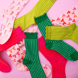 
                  
                    Load image into Gallery viewer, Sunshine Studios - Holiday Striped Crew Socks | Emerald
                  
                