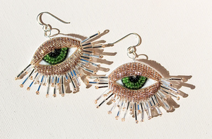
                  
                    Load image into Gallery viewer, Embroiders Silver French wire earrings with Green Iris
                  
                